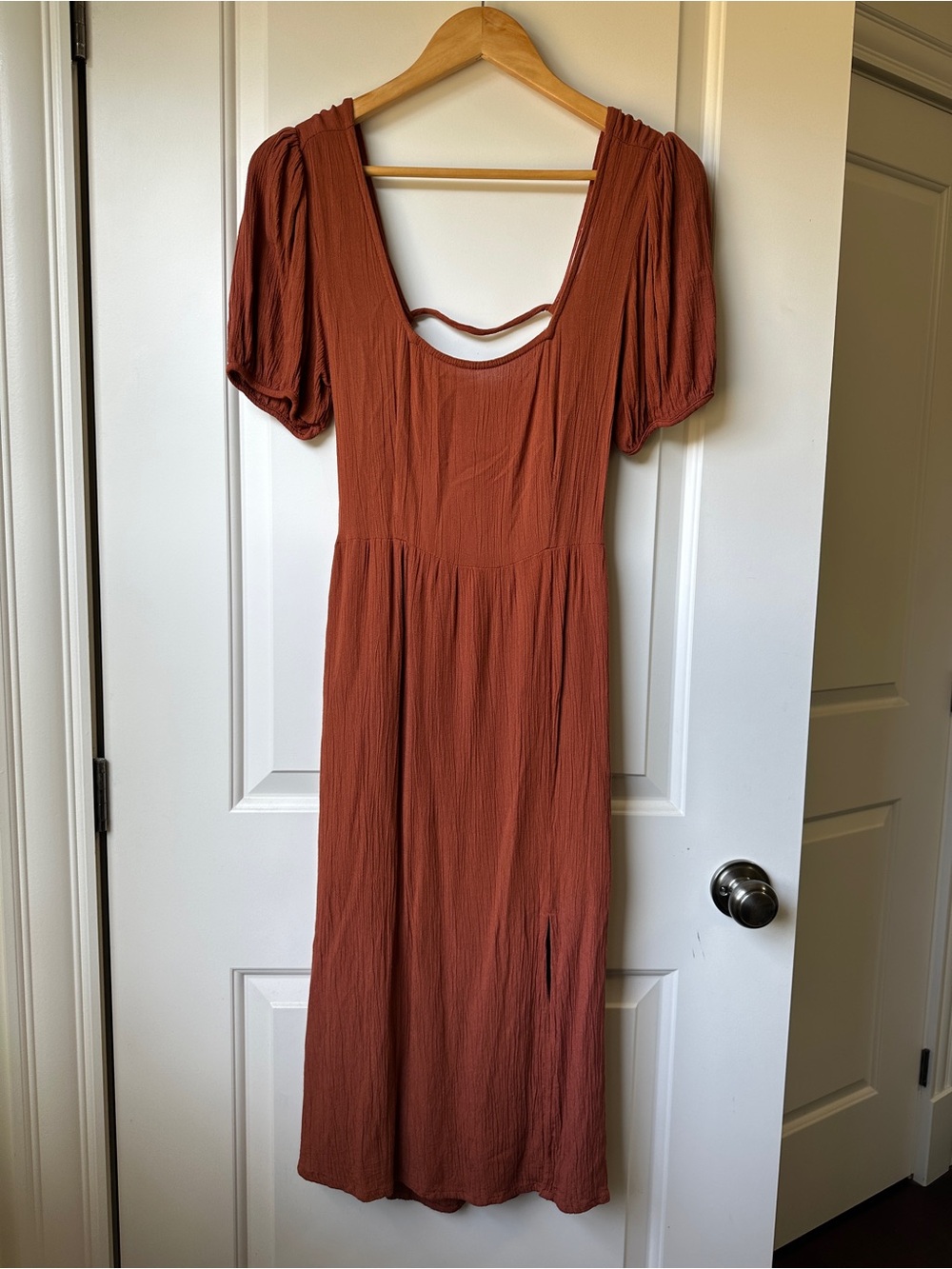 Burnt Orange Puff Sleeve Midi Dress